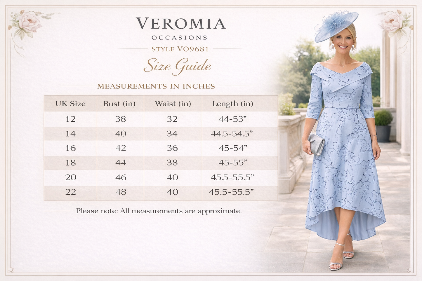 Veromia occasions dress size guide with a model wearing a light blue dress.
