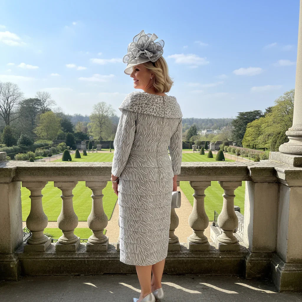Woman in a silver and taupe veromia plus size dress and hat standing on a balcony with a scenic view.
